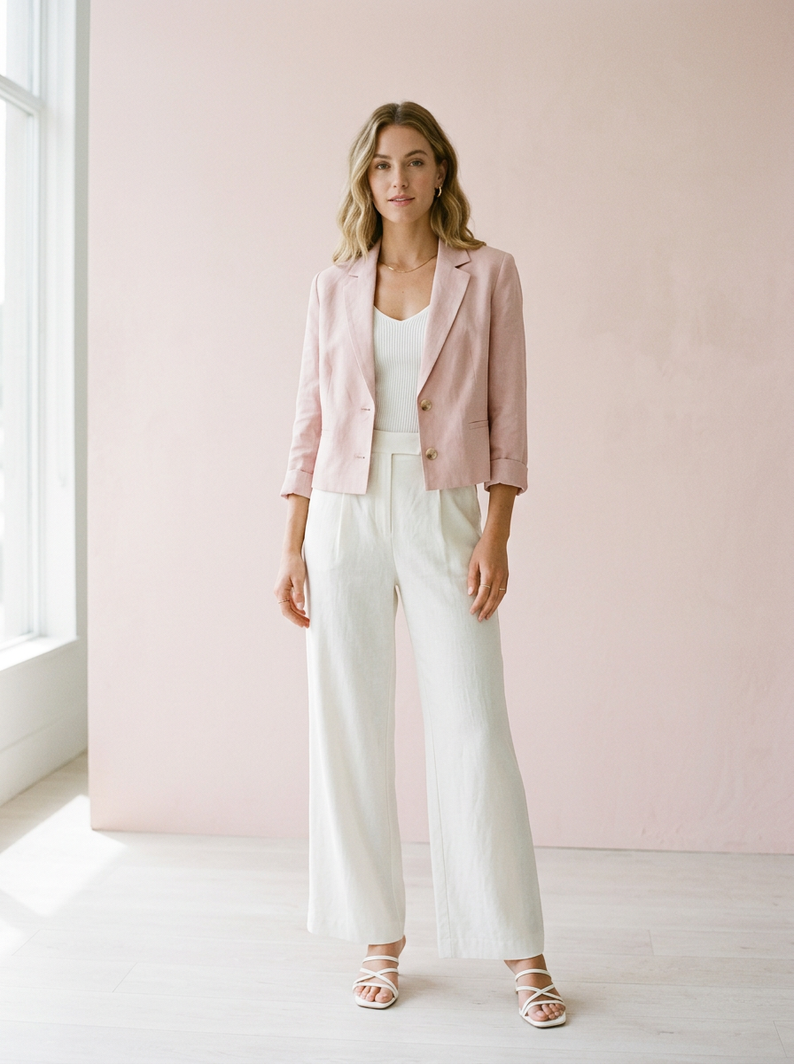 Look Brunch Dominical: blazer corto de lino, top acanalado, pantalón wide leg, sandalias de cuero