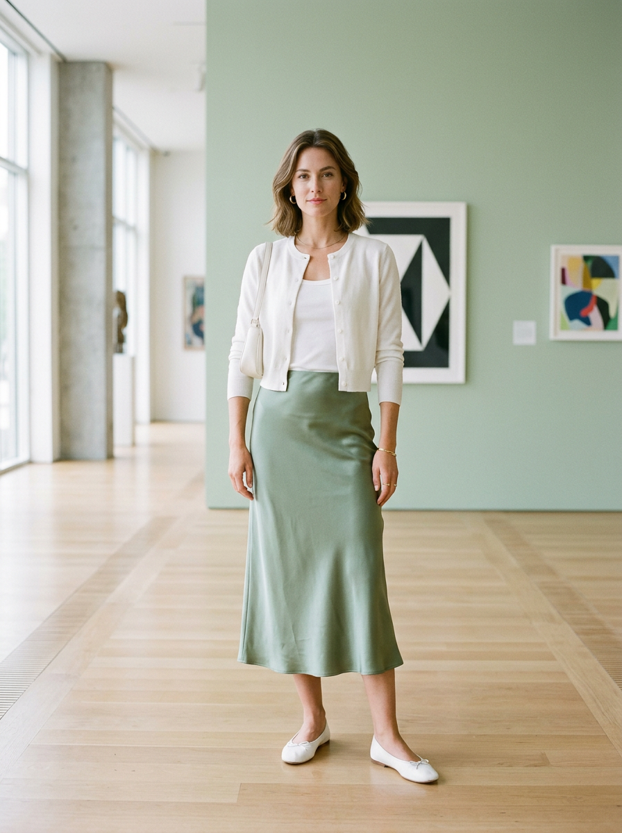 Look Tarde de Galería: pollera midi de satén, cardigan corto, musculosa básica, chatitas balerina