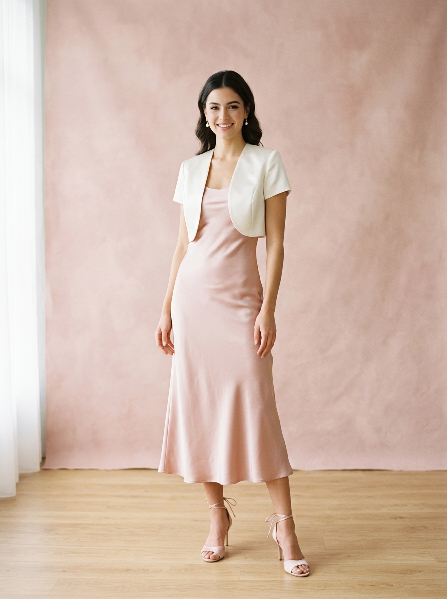Look Noche de Rosas: vestido lencero midi, bolero corto, aros de perlas, sandalias finas