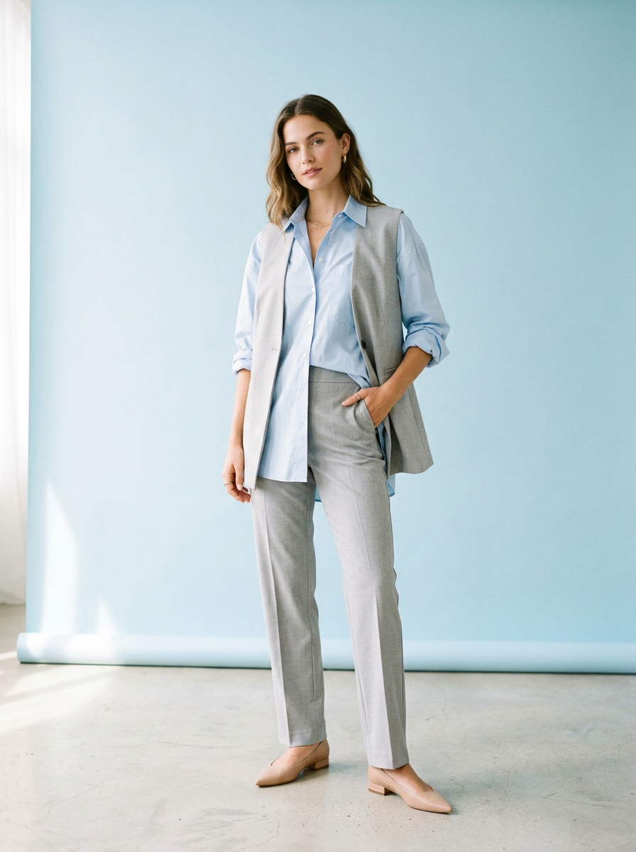 Look Oficina Suave: camisa oversize, chaleco sastrero, pantalón recto, chatas puntera fina