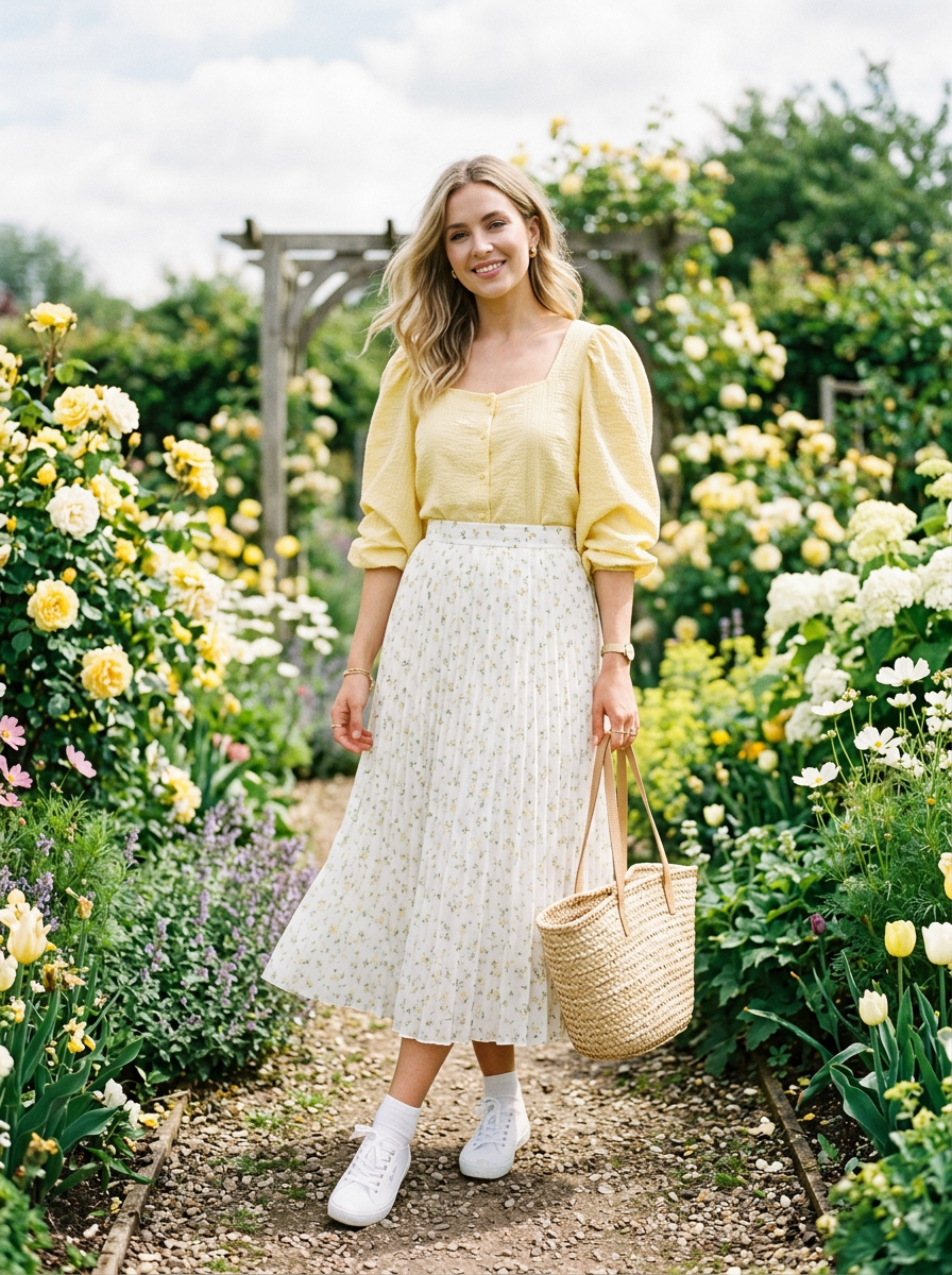 Look Picnic de Primavera: blusa mangas globo, pollera plisada midi, zapatillas de lona, canasta de paja